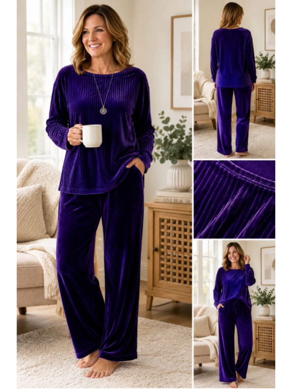 Draperβs & Damonβs Petite XL Purple Velour Lounge Set Y2K Ribbed Top Pants